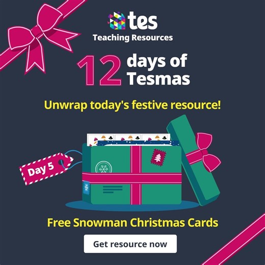 🎉 Day 5 of 12 Days of Tesmas! 🎁 Today’s resource is Snowman Christmas Cards – a free creative activity for pupils to design their own festive cards! Includes a PowerPoint and cut-out templates to make snowmen exciting. 👉 Download here: https://www.tes.com/teaching-resources/christmas#tesmas #12DaysOfTesmas #TesResources #FestiveClassroom #ChristmasCrafts #CreativeLearning | Tes for Teachers