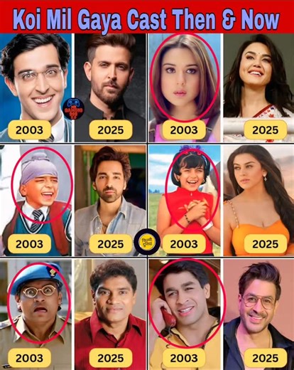 फिल्मी दुनियां हीरो on Instagram: "The image showcases a "Then & Now" comparison of the cast of the 2003 Hindi-language science fiction film Koi... Mil Gaya, displaying side-by-side photos of several actors as they appeared in the film's release year and their current appearance in 2025. The film features Hrithik Roshan as Rohit Mehra, a developmentally disabled man who befriends an alien named Jadoo. Preity Zinta plays the role of Nisha Malhotra, Rohit's friend and love interest. The cast also 