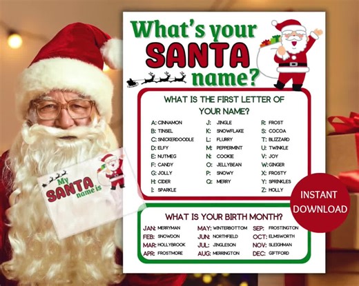 Santa Name Game Printable, What's Your Santa Name Game, Name Generator Game With Name Tags, Secret Santa Game, Christmas Name Game - Etsy