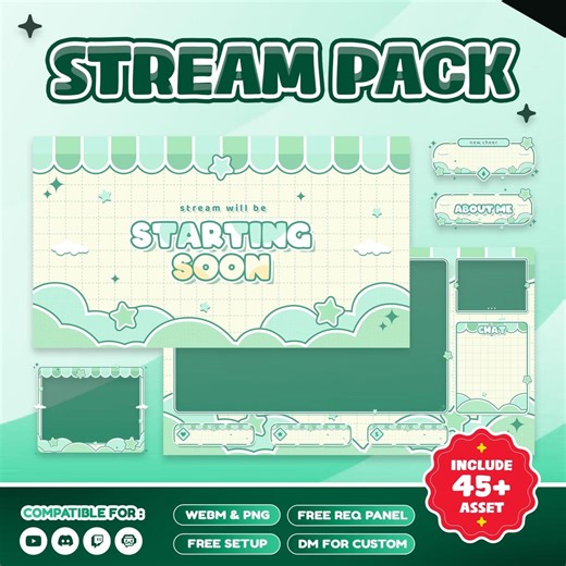 Mint Cloud Cute Animated Twitch Overlay Package Bundle/pastel Green Theme/soft Kawaii Style/cozy Streamer Kit/spring Aesthetic/webm PNG - Etsy
