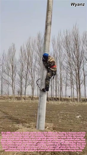 worker sliding down utility pole during maintenance job | daily construction routine
