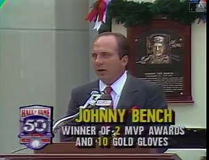July 23, 1989: Johnny Bench is enshrined in the National Baseball Hall of Fame. He spent his entire 17-year career in Cincinnati, earning 14 All-Star selections, 10 Gold Gloves, two MVPs, two World Series titles and a World Series MVP. #BigRedMachine #RedsVault | Cincinnati Reds