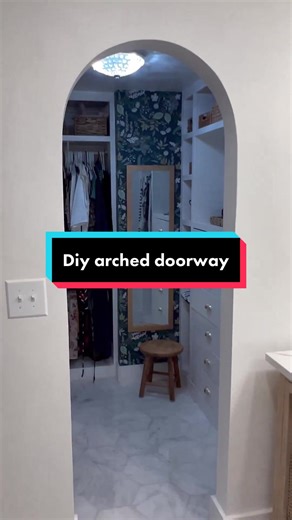 Tutorial ⬇️ Our master bathroom and closet were sectioned into three separate areas. So it felt so small and cut off. I took out the door and built this arch with less than $50 of supplies. Here is how I did it! You can see the whole process in my highlight! Follow @makingourplaceahome for more! Removed the door Removed the outside trim Removed the door jam Added two 1x4 blocks to the inside of the frame with screws Attached the arch kit with 2” Brad nails Attached drywall to the arch with drywa