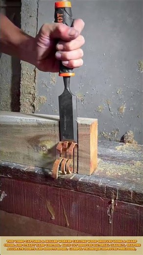 Wood Chiseling Process: Skilled worker carving precise groove using sharp chisel