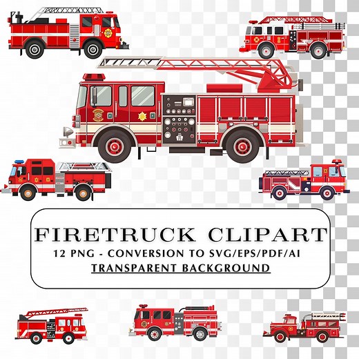 Firetruck Clipart! 12 Cartoon Fire Truck Clip Art Images. Illustrations in PNG Format, Conversion to SVG and Sublimation Graphics. - Etsy