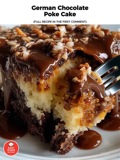 German Chocolate Poke Cake 🍫🥥 Rich, moist, and loaded with coconut, pecans, and chocolatey goodness! This decadent dessert takes the classic German chocolate cake and makes it even better with a gooey filling that seeps into every bite. Ingredients 1 box German chocolate cake mix (plus ingredients listed on the box) 1 can (14 oz) sweetened condensed milk 1 jar (12 oz) caramel or fudge sauce 1 ½ cups shredded sweetened coconut 1 cup chopped pecans 1 tub (8 oz) whipped topping or 2 cups whipped 