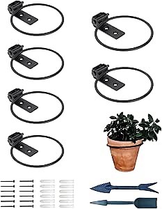 NACETURE Flower Pot Holder Ring for Wall Mount Foldable – Heavy Duty Round Metal Planter Hooks Hangers - Fence Pot Plant Holders Hanging Bracket for Outdoor Indoor (4 Inch 6 Pack)