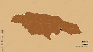 Clarendon, parish of Jamaica, with its capital, localized, outlined and zoomed with informative overlays on a solid patterned map in the Stereographic projection. Animation 3D