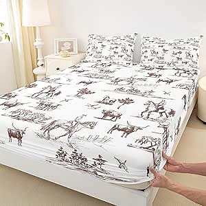 Amazon.com: Western Cowboy Bedding Set Queen Size for Kids Boys Girls Wild Horse Cow Animals Fitted Sheet 3Pcs Sketch Brown White Southwest Tribal Bed Sheet Rustic Farmhouse Deep Pocket Sheet,2 Pillowcase : Home & Kitchen