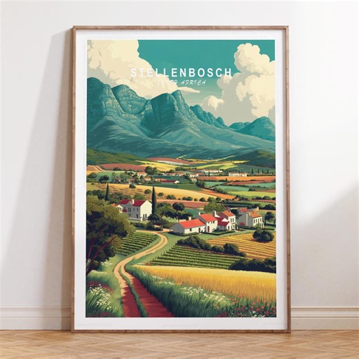 South Africa Travel Poster, Stellenbosch Landscape, Vineyard Countryside - Etsy