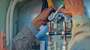 Junction box of the solar panel. Service team working on measuring efficiency of operation and maintenance at solar plant