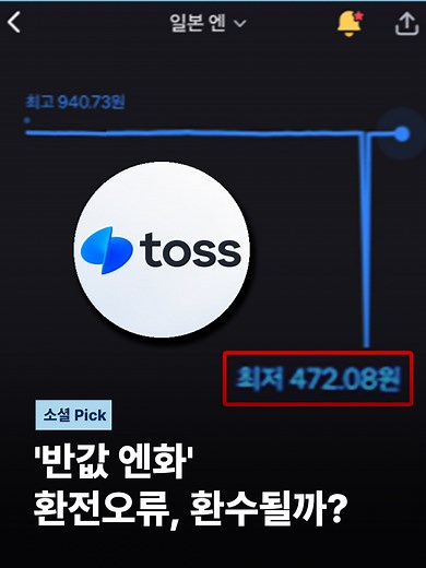 쭈욱~ 가다가 뚝! 어제 저녁 일본 엔화 환율입니다. 940원 선이던 게 갑자기 절반인 470원대로 뚝 떨어졌다가 다시 원상회복됐는데요. 어찌 된 일일까요. #JTBC뉴스 #소셜픽 #토스 #반값엔화 #환율
