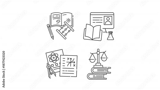 Animated school learning line icons. Various education programs animation set. Elementary class, online course, student notes. Laws. Outline elements on white background. HD video with alpha channel