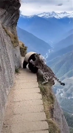 A panda vs a snow leopard at the edge of the cliff! #panda #ai #animals ##promptjunkyard #wildlife