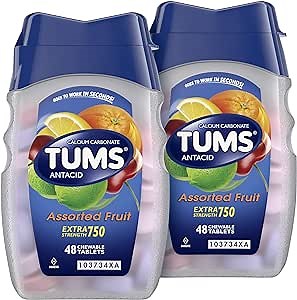 TUMS Extra Strength Antacid Tablets for Chewable Heartburn Relief and Acid Indigestion Relief, Assorted Fruit Flavors - 48 Count