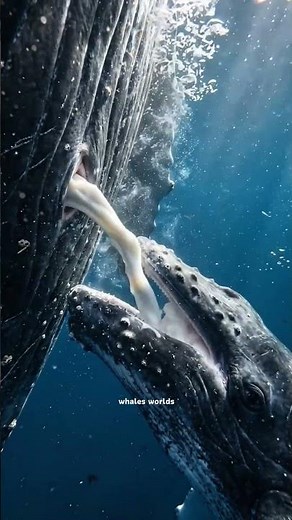 A mother humpback whale nursing her calf underwater 🐋💙 Nature is truly breathtaking.