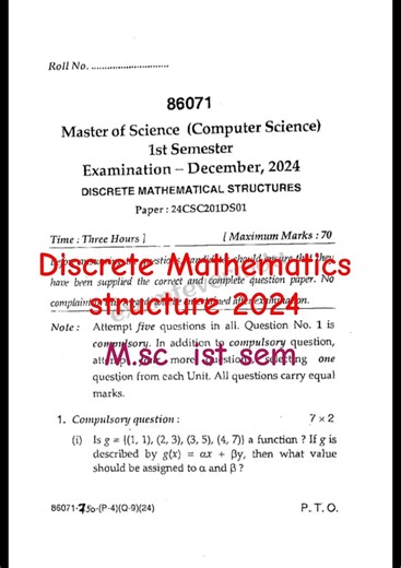 Discrete Mathematics structure 2024 Ist sem of M.sc (computer science) Question paper of #mdu MDU