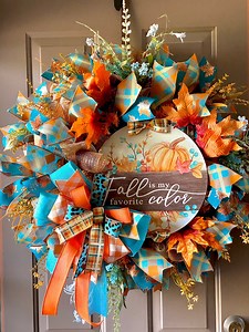 Fall Front Door Wreath, Pumpkin Deco Mesh Wreath, Fall Farmhouse Ribbon Wreath, Teal and Orange Fall Wall Decor, Autumn Front Door Decor, - Etsy