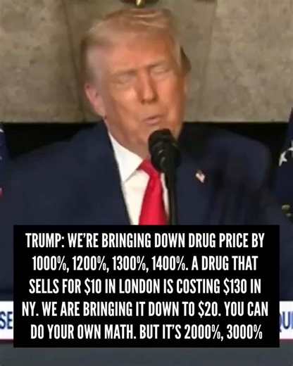 #DonaldTrump claimed drug prices are being cut by 1,000 to 3,000 percent, using an example where a drug costs $10 in London and $130 in New York, then saying it would drop to $20. The math does not work. A drop from $130 to $20 is about an 85 percent reduction, not thousands of percent. Prices cannot fall by more than 100 percent without going negative, which is impossible. Even a dramatic price cut does not reach the numbers he cited. What’s also missing is policy reality. There is no law or bi
