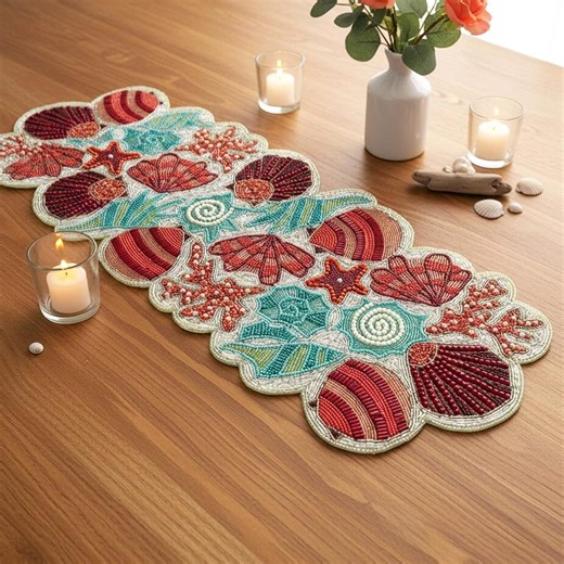 Handmade Beaded Table Runner: Coral & Seashell Colorful Design (13x36 Inch) - Etsy