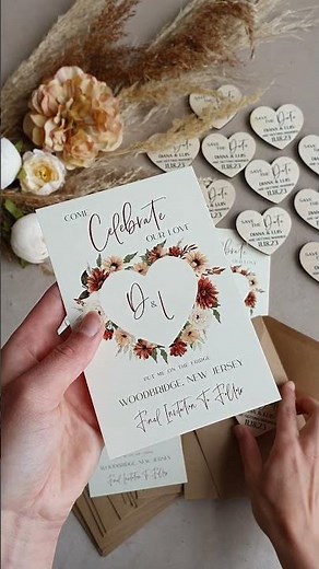 Beige Ivory Save The Date Card with Wooden Heart Magnet – Boho Wedding Save Our Date Magnet Cards