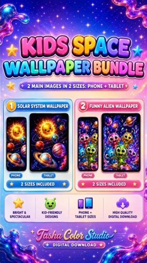 Kids Space Wallpaper Bundle 🚀 Solar System & Funny Alien Digital Designs