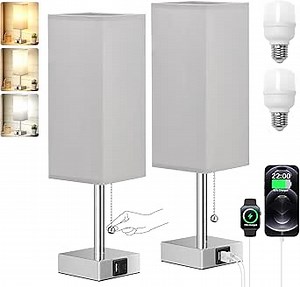 aooshine Bedside Table Lamps Set of 2 - Gray Silver Bedroom Lamps with 3 Color Temperatures (3000K/5000K/4000K), Two Square Nightstand Lamps with USB C + A Charging Ports (Gray Shade Silver Base)