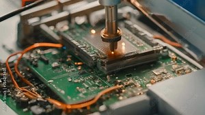 camera zooms in to reveal the intricate details of a circuit board undergoing the fascinating process of reflow soldering.