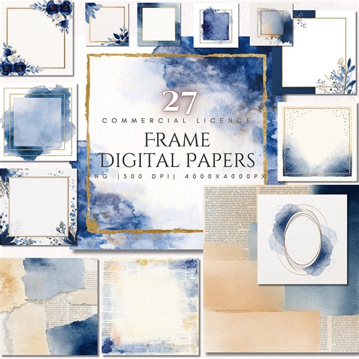 Blue Watercolor Frame Digital Papers Gold Border Backgrounds Commercial Use Printable Frames Wedding Invitation Scrapbook PNG - Etsy