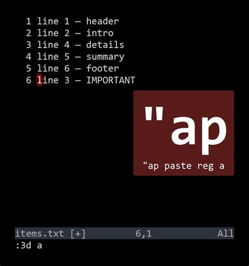 VimFu — :[range]d {reg} — Delete into Register