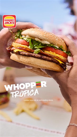 Old school meets NEW bold flavour with our Aussie Summer Range burger at Hungry Jack’s. 🤤👀 Grab our fan-favourite Tropical Whopper or Aussie Whopper, or try our NEW The Lot Whopper with beetroot AND egg AND pineapple! 🍔 | Hungry Jack's
