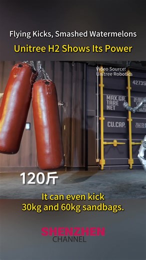 Flying kicks from a humanoid robot? Yes. 🤖 In a new training clip released on Jan 4, a H2 model humanoid robot from Chinese robotics company Unitree smashes a watermelon and takes on 30kg and 60kg sandbags. | ShenzhenStory