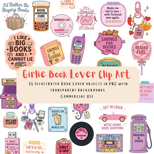 26 Girlie Book Lover Clipart PNG Bundle | Romance Reader | Booktok Smut Reader | Bookish Clip Art | Commercial Use PNG | Digital Download - Etsy New Zealand