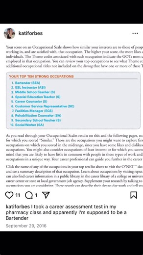 Dr. Kati Forbes, PharmD, RPh on Instagram: "Throwback to my pre-pharmacy career assessment 😎🔥 #pharmacy #teacher #bartender #work #life #school #learn #grow #teach #doctor #vibe"