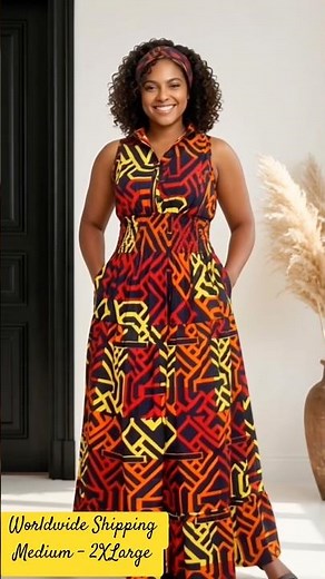 African Cotton Smocked Maxi Dress with Scarf ❤️ One Size S–2XL | Bold African Fashion