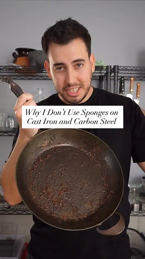 80K views · 3.8K reactions | This is why I stopped using sponges on cast iron and carbon steel pans. I noticed the issue wasn’t the soap when cleaning the pans but rather that excessive scrubbing with the sponge caused the seasoning to scrape off. Now I use this stainless cleaner and it works wonders! #foodie #foodiesofinstagram #stainleessteel #carbonsteel #castiron #kitchenhacks @3nailironware | Noflakeysalt | Facebook