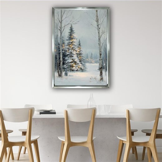 Winter Forest Canvas Wall Art, Snowy Pine Trees With Christmas Lights Painting - Etsy