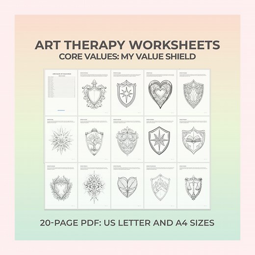 Art Therapy Sheets, Core Values Worksheet, Mindfulness Art, Therapy Worksheet, Creative Therapy, Mental Health Art Therapy, Calming Activity - Etsy
