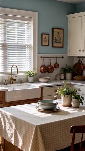 Charming Farmhouse Kitchen with Light Blue Island & Cream Cabinets