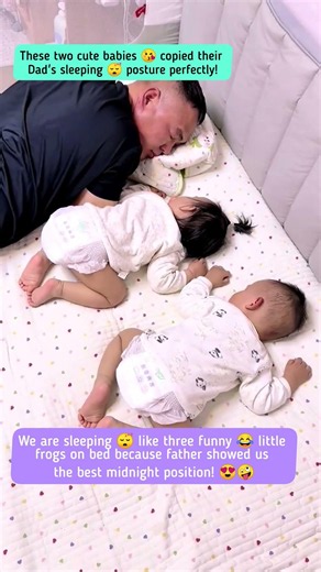 Three cute little babies copy their father's funny sleeping position perfectly! 🥰