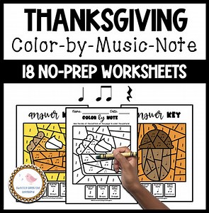 Thanksgiving Color by Music Note Worksheets for Grades 1-2 | Print   Go