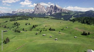 Aerial panorama of Seiser Alm plateau with mountain huts, Dolomites, Italy