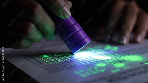Close up of a hand using a UV flashlight to reveal glowing patterns on a document in a dark setting.