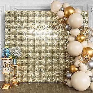 Qcity Light Gold Shimmer Wall Backdrop 36PCS, Black Back Not See-Through Design, Square Sequin Glitter Backdrop Panel, Perfect for Outdoor Events, Birthdays, Wedding and Party Decoration