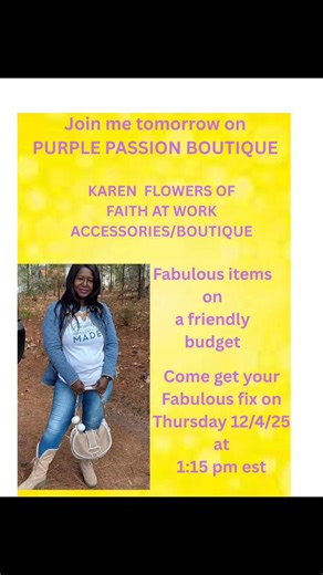 Line up for THURSDAY, DECEMBER 4th 2025 If you want to book the 🫟 PURPLE POWER UP LIVE 🫟 as addition to your Live Event Sale please let me know!!! 💖 Midnight 4th ‼️OPEN‼️ 💚 11:30AM EST ‼️OPEN‼️ 💜 1:15PM EST Karen Flowers 🖤 3:00PM EST ‼️OPEN‼️ 💛 4:45PM EST Purple Passions Btq 🩷 6:30PM EST Clarissa Caldwell ❤️ 8:15PM EST ‼️OPEN‼️ 💖 10:00PM EST Latoya Coleman 🩷Midnight 5th ‼️OPEN‼️ Our Admin Expert as well as our Admin team is throughout the LIVES present 🫟If you are interested in hostin