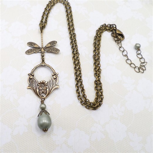 Dragonfly Charm Necklace: Sage Pearl Cottagecore Antiqued Brass Jewelry - Etsy