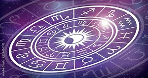 Astrology horoscope circle with zodiac signs vector background. Cosmos, space. Aquarius, libra, leo, taurus, cancer, pisces, virgo, capricorn, sagittarius, aries, gemini, scorpio. purple violet trendy