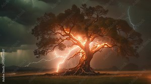 Video animation footage of dramatic scene where a large tree is illuminated by surrounding lightning strikes. The tree is robust and expansive, with numerous branches extending outward