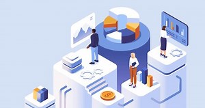 データの視覚化と分析。バナーの財務グラフやチャートを分析するオフィスワーカーとのビジネスの移動。人物は会社を発展させるために統計情報と対話します。等角投影3D アニメーション グラフィックス