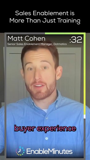 Sales Enablement is More Than Just Training - Matt Cohen Matt Cohen breaks down the difference between training and sales enablement, and reminds us of our core roles when it comes to enablement today. #salesenablement #salestraining #enableminutes #b2bsales #sales #selling #marketing Transcript: A lot of people still conflate enablement with training, which is part of the job, but the function has evolved to cover much more. We now ensure consistent performance of all buyer-facing teams for a s